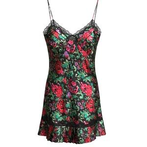 Victoria’s Secret Floral Slip Dress Lace Trim Y2K Mini Black Red Green Size M